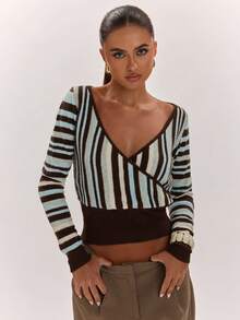 SHEIN BAE Autumn/Winter Fashion New Colorblock Versatile Casual Unisex Vacation Slouchy Cinched Waist Wrap V-Neck Striped Knit Top - Multicolor - View 4