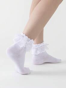 ROMWE Kawaii Women's Mid-Calf Socks With Ruffle Trim & Bow Decor - White A1 - View 3