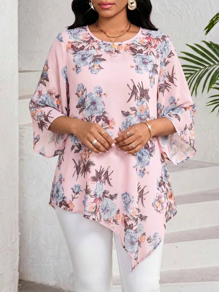SHEIN Lady Women's Elegant Floral Print Asymmetrical Hem Blouse - Pink - View 3