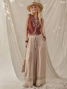 Wildy Boho Sexy Western Country Lace Patchwork Women's Spring/Summer Daily Basic Loose Wide Leg Long Pants With Pockets Beach Beige Light Blue - Khaki - View 5