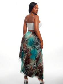 SHEIN SXY Blue-Green Animal Print High-Elastic Knit Mesh Skirt With Tie Detailing, High Waistline, Asymmetrical Design. Vacation Skirt, Beach Sexy Autumn - Multicolor - View 3