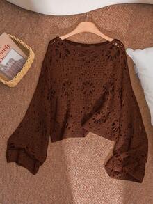 CosyJoli Plus Size Women's Hollow Out Design Round Neck Long Sleeve Loose Knit Sweater - Rust Brown - View 3