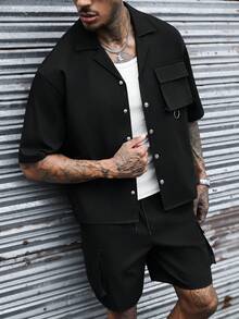 SLATEMANN Men's Solid Color Utility Pocket Short Sleeve Shirt And Shorts Casual Set - Black - View 6