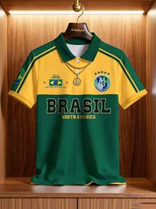 Manfinity Campus Court 復古美式風格 Polo 衫，綠色夏季休閒高爾夫 Brasil 字樣與五星徽章印花，黃綠對比寬鬆男士圖案 T 恤，足球 - 彩色 - 查看 5