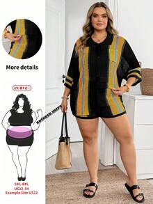 SHEIN CURVE+ 2件組：休閒海灘度假條紋拼接鉤編針織短袖翻領上衣（附口袋）與短褲，女款大尺碼針織春夏季2件組短套裝，鉤編針織短套裝，女款2件組短套裝 - 彩色 - 查看 7