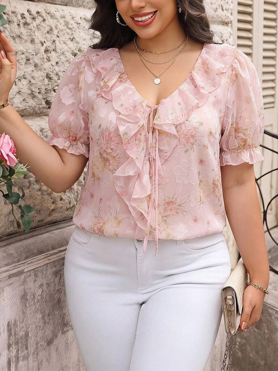 Reflora Plus Size French Vacation Floral Print Ruffle Tie-Front Blouse - Multicolor - View 1