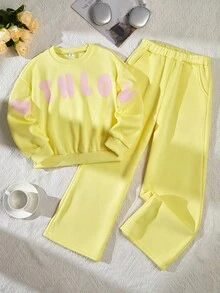 SHEIN Sparklyn 青少年女孩 1/4 拉鍊寬鬆版型運動衫套裝 返校大學風 - 黃色 - 查看 3
