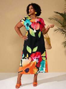 BrightlyHer Damen Große Größen Blume Muster Lässig Urlaubs Sommerkleid - Schwarz - Übersicht 6