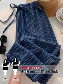 SHEIN PETITE CURVE 大尺碼女款條紋休閒百搭日常長褲 - 藏蓝色 - 查看 1