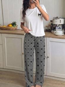 Teen Girls White Round Neck Short Sleeve Loose Top With Black Bow Print On Chest, Paired With Bubble Crepe BOW Plaid Pattern Woven Fabric, - Black - View 5