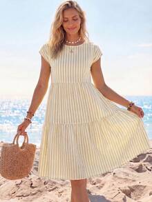 SHEIN LUNE Pink And White Striped Base Striped Print Casual Tropical Minimalist Loose Round Neck Short Sleeve Mid-Length Women's Dress Beach Vacation Summer - Multicolor - View 4