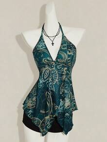 SHEIN ICON 佩斯利印花露背掛脖上衣 度假深青色 夏季波希米亞風 輕盈優雅 - 藍色 - 查看 3