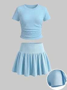 Tween Girls 2pcs/Set Solid Color Round Neck Fashion Short Sleeve T-Shirt And Mini Skirt Casual Set Back To School, Summer, Minimalist, Comfortable - Blue - View 5