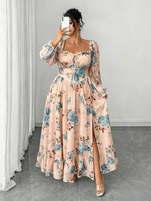 Elenzga Plus Size Women's Elegant French Lady Fashion Unique Ruffle Trim Puff Long Sleeve Cinched Waist Slim Fit Dress, Suitable For Daily Wear, Outings, Commuting - Pink - View 1