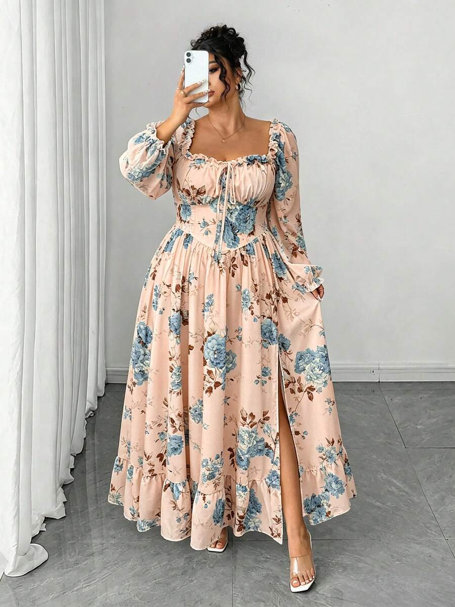 Elenzga Plus Size Women's Elegant French Lady Fashion Unique Ruffle Trim Puff Long Sleeve Cinched Waist Slim Fit Dress, Suitable For Daily Wear, Outings, Commuting - Pink - View 1