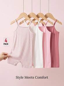 SHEIN 4件組女嬰休閒舒適百搭吊帶連身褲 夏季適合度假與外出 - 彩色 - 查看 1