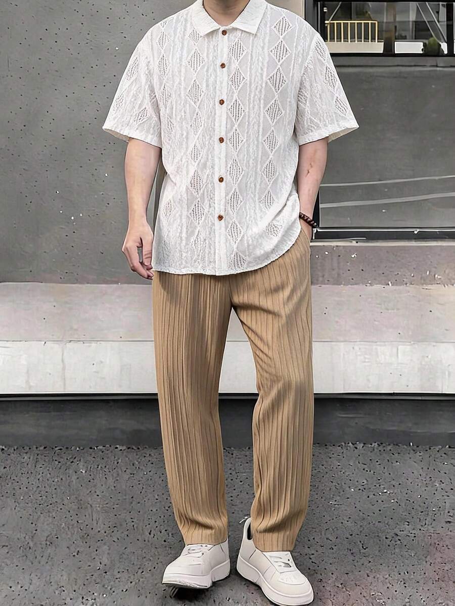 SHEIN 2件組青少年男孩寬鬆對比色圖案印花 Polo 領短袖針織上衣套裝，休閒風格