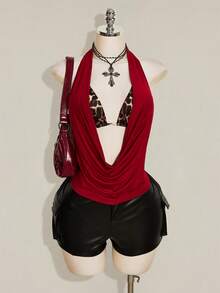 SHEIN ICON 女款大尺碼復古性感個性化休閒 Y2K 都市現代風紅色巧克力棕色細肩帶背心豹紋綁帶式內衣兩件組夏季 - 酒紅色 - 查看 4