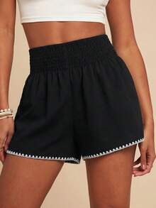 Travachic Elegant Boho Casual Minimalist Contrast Trim High Waist Shorts Beach Black And White Striped Summer - Black - View 4