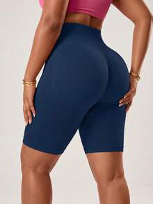 SHEIN Velisys 1pc Plus Size Black Bermuda Knit Seamless Comfortable Elastic Yoga Running Cycling Fitness Outdoor Casual Wear Tight Shorts Suitable For Spring Summer Autumn Winter - Multicolor - View 2
