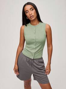 SHEIN BASICS 休閒素色針織圓領無袖修身開襟女款背心 - 綠色 - 查看 8