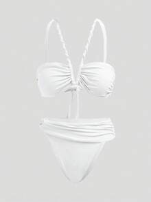 Maija 女款夏季海灘純色掛脖綁帶性感比基尼泳衣套裝 - 白色 - 查看 6