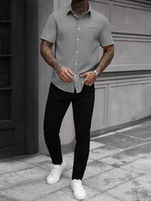 Manfinity Homme 白色男士休閒商務短袖襯衫 - 灰色 - 查看 6