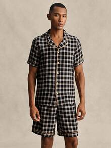 EverLounge Conjunto de pijama masculino com camisa de botão de manga curta e shorts em estampa xadrez - Preto - Visão 5
