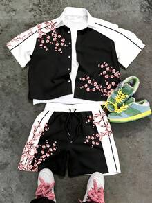 Manfinity EMRG Men's Cherry Pattern Short Sleeve Shirt And Shorts Casual Set - Black and White - View 1