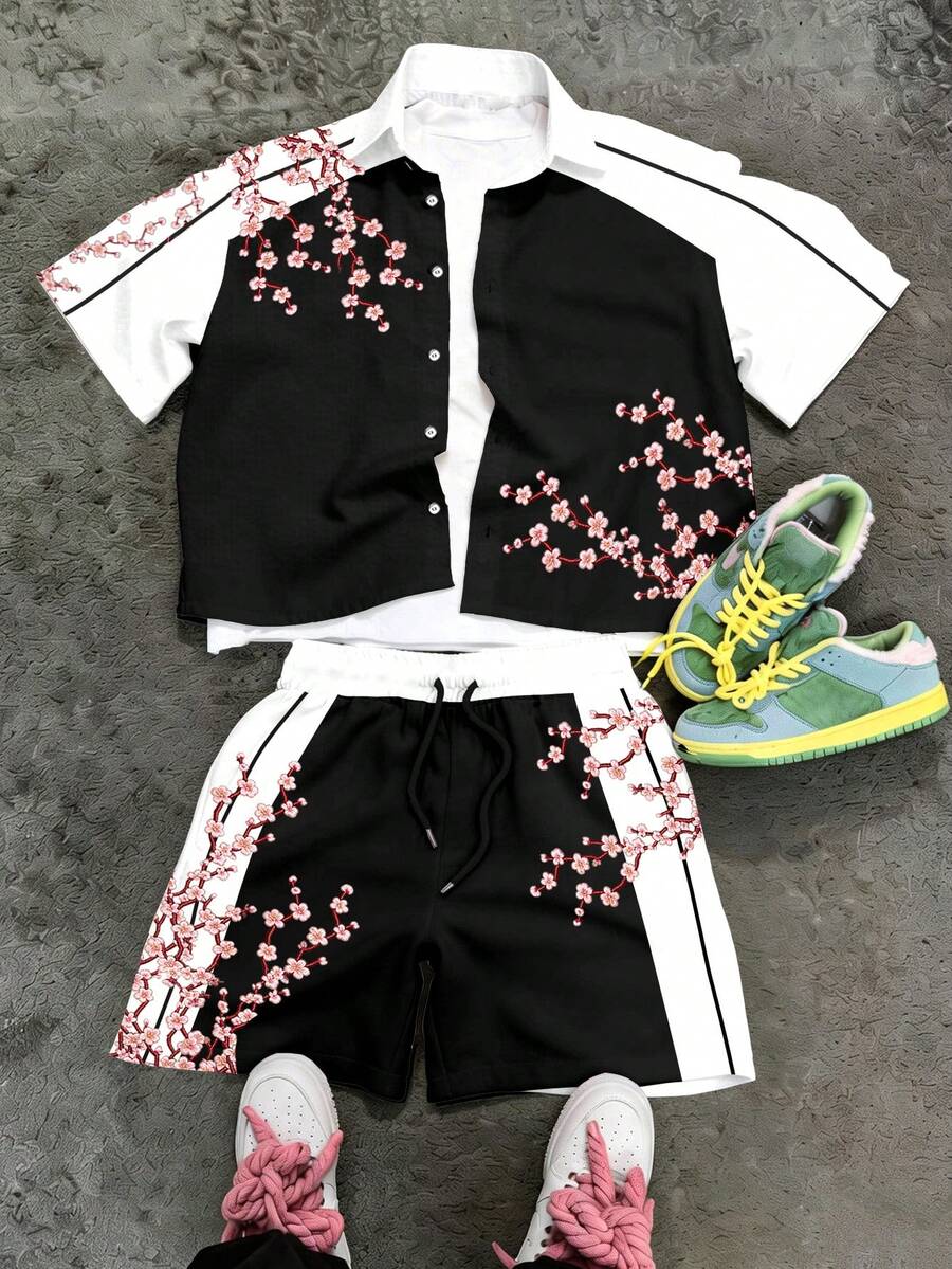 Manfinity EMRG Men's Cherry Pattern Short Sleeve Shirt And Shorts Casual Set - Black and White - View 1