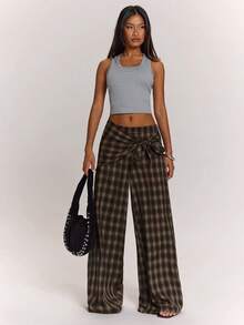 SHEIN BAE Women's Daily Wear Versatile Brown Checkered Plaid Scarf-Style Loose Wide Leg Long Pants/Work Going Out Long Pants/Outdoor/Airport/Vintage Autumn - Brown - View 4