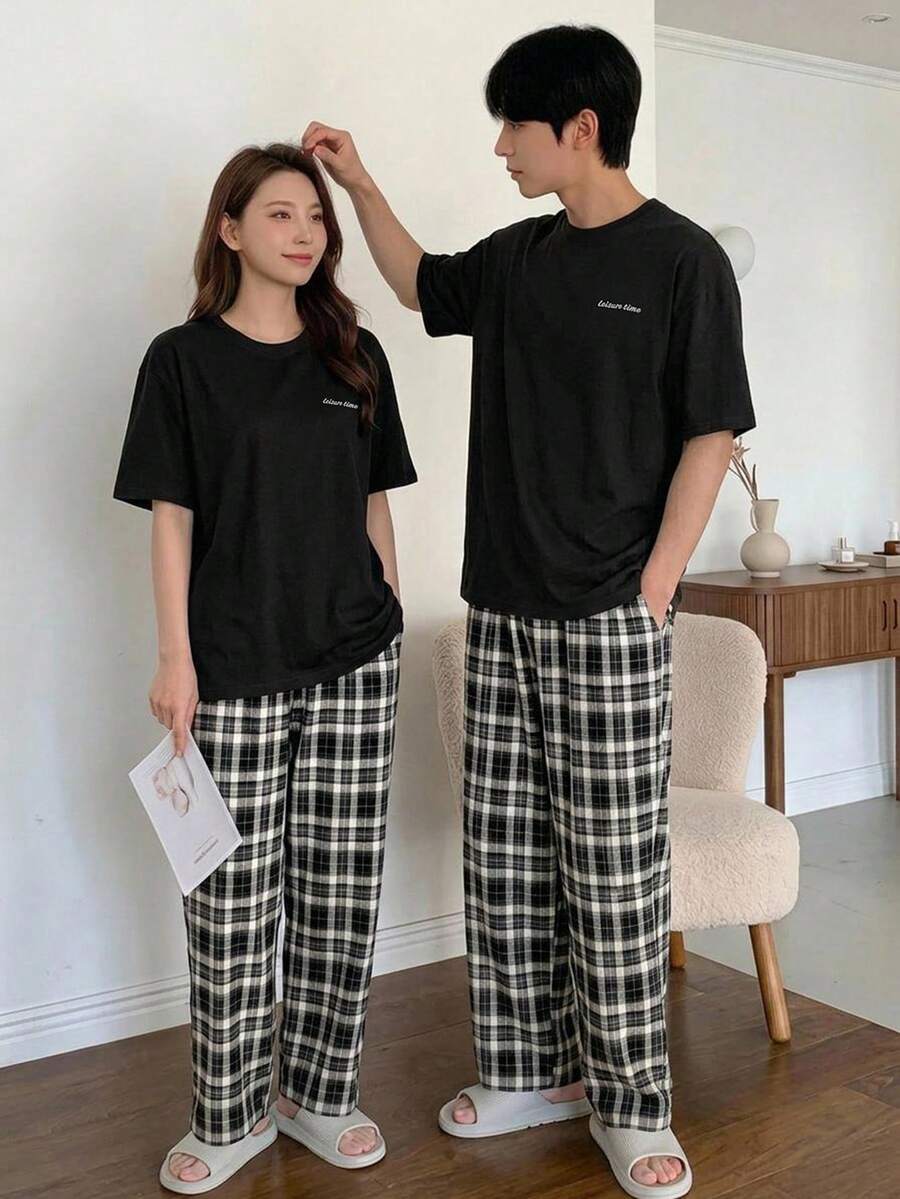 DAZY 男士夏季字母印花 T 恤和格子短裤睡衣套装 - 黑色 - 查看 1