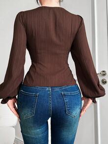 Feyla Kemeja Wanita Lengan Panjang Warna Polos dengan Desain Tali Lubang Kancing - Coffee Brown - View 5