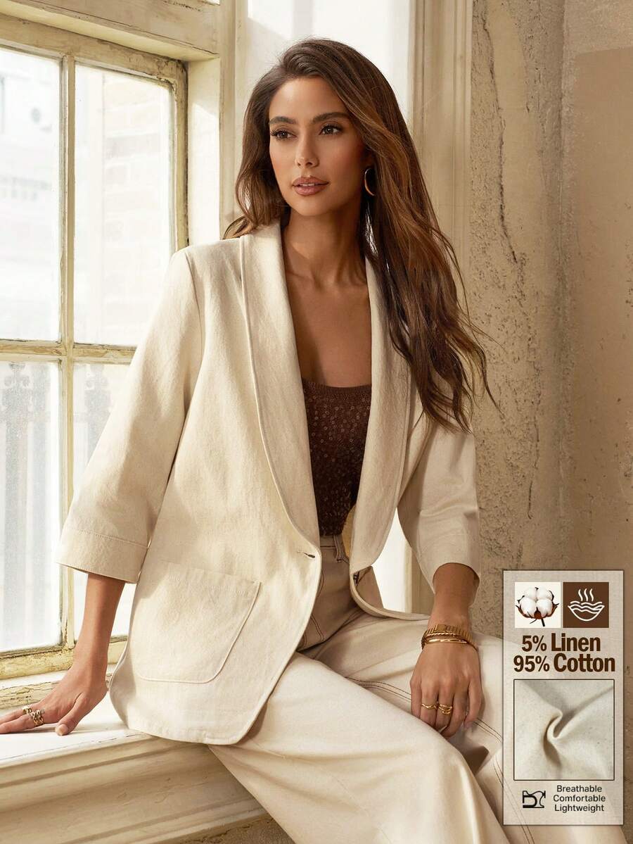 Selenza Women's Solid Color Shawl Collar 3/4 Sleeve Casual Denim Jacket - Beige - View 1