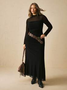 Freevana Plus Size Women's Stand Collar Mesh Patchwork Casual Daily Wear Dress Fall - Black - View 2