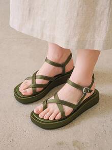 HighSole Sandalias de mujer primavera y verano nuevas con diseño de múltiples correas, espalda cruzada con hebilla, plataforma abierta, estilo simple y versátil, color verde viento, para uso diario, ir al trabajo y compras - Verde Oscuro - Ver 2