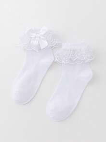 ROMWE Kawaii Women's Mid-Calf Socks With Ruffle Trim & Bow Decor - White A1 - View 2