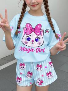 少女休閒簡約可愛亮面紋理卡通小貓圖案，粉色蝴蝶結，奶油藍白格紋，短袖短褲兩件套，適合夏季，圖案、卡哇伊、Y2K、舒適，女孩套裝 - 彩色 - 查看 2