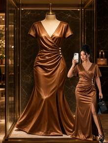Franclia Plus Size Women's Dress, New V-Neck Short Sleeve Pleated Waist Belt Button Decor Side Slit Slim Fit Bodycon Satin Evening Gown, White Sequin Summer - Brown - View 9