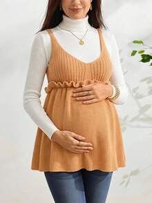 SHEIN Maternity Knit Tank Top, Fitted V-Neck With Ruffle Hem, Casual Cute Minimalist Solid Color Ribbed Camisole For Everyday Wear - Khaki - View 3