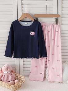 SHEIN Genkimix Kids 女童圓領卡通印花長袖上衣與長褲休閒日常居家睡衣套裝 - 藏蓝色 - View 3