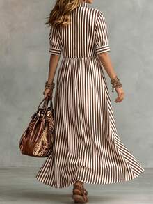 Linhara CURVE Gaun Panjang Musim Panas Elegan Bergaris Tenun untuk Wanita Ukuran Plus - Coffee Brown - View 2