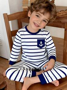 SHEIN Vintaside Kids 2件組男孩長袖休閒條紋寬鬆套裝，秋季慵懶休閒風，送給男孩的最佳禮物 - 藏蓝色 - 查看 6