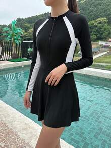 DAZY 女款度假風拼色落肩長袖前開拉鍊休閒連身泳衣 - 黑色 - 查看 2