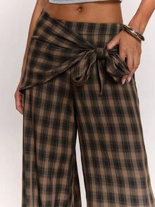 SHEIN BAE Women's Daily Wear Versatile Brown Checkered Plaid Scarf-Style Loose Wide Leg Long Pants/Work Going Out Long Pants/Outdoor/Airport/Vintage Autumn - Brown - View 7