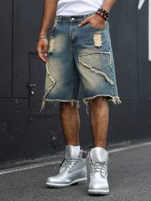 Manfinity EMRG Shorts de mezclilla estilo callejero americano con patchwork, deshilachados y desgastados - Azul - Ver 7