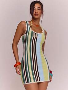 MUSERA Striped Towelling 'Puerto Rico' Bodycon Mini Dress Spring Summer Vacation Holiday Ibiza Boho Elegant - Green - View 1