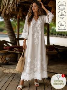 Elouméa Women's Spring/Summer French Casual Solid Color V-Neck Faux Lace Print Patchwork Lace Trim Loose Mid-Sleeve Dress, Suitable For Daily Wear And Home - Apricot - View 4