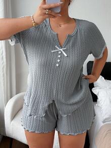 Napfluff CURVE Napfluff CURVE Casual Knit Jacquard Frill Trim Bow Decor Plus Size Pajama Set - Grey - View 3