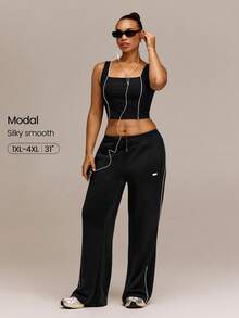 GLOWMODE 31" Plus Size SoftSerene Modal Lazy Lounge Silky-Smooth Relaxed Fit Contrast Color Sweatpants With Drawstring Waist & Side Pockets Daily Casual - Black - View 1
